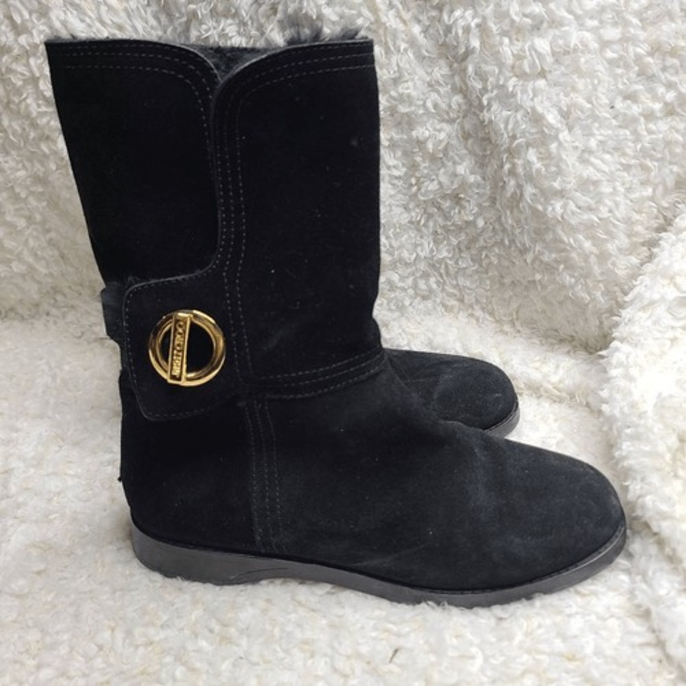Jimmy Choo Black Suede Leather Mid Calf Fur Lined Boots sz 36.5